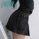 Lunivop Vintage Pleated Denim Skirts Women Dark Academia Fashion Goth Black High Waist Skirt 90S